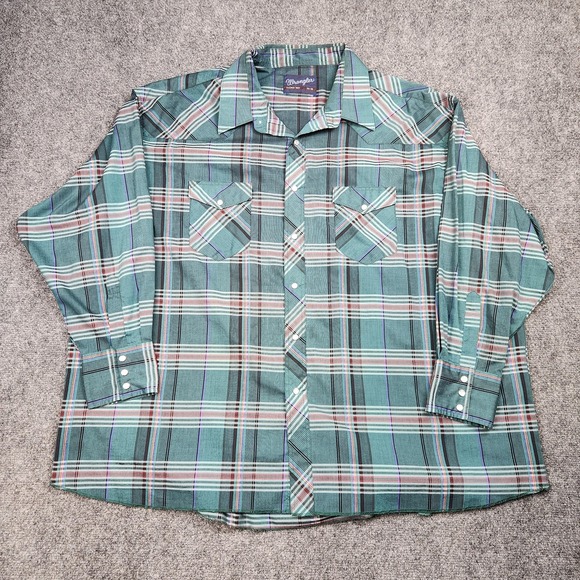 Wrangler Shirt Mens 4XL 20-35 Green Plaid Western Pearl Snap X-Long Tails Cowboy - Picture 1 of 9